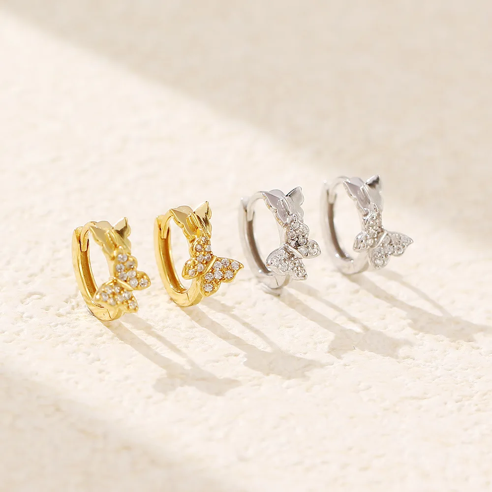 Wholesale Fashion Jewelry 925 Sterling Silver Two butterfly Diamond Cubic Zircon Gold Plated Hoop Earring Jewelry for Women