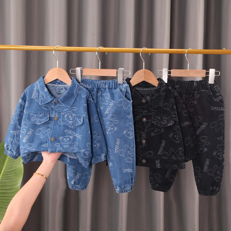 

Wholesale new fashion casual Boys 2 Pieces Clothing Set long sleeves cartoon printed denim jacket and jeans pants for kids, Picture shows