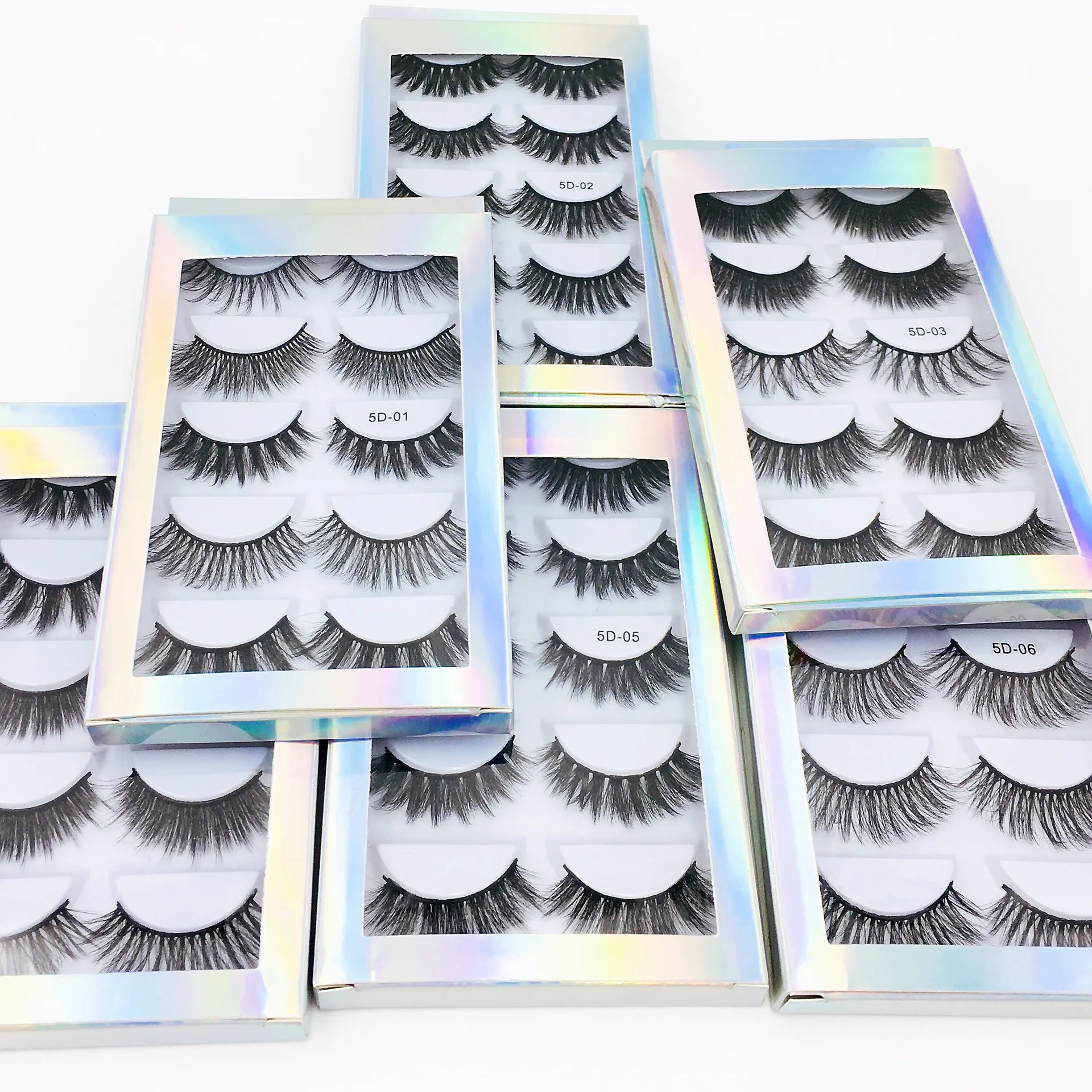 

3D 5 Pairs Fluffy Faux Mink Plastic Cotton Band Eyelash Vendor Wholesale With Custom Logo Luxury Lash Box, Natural black