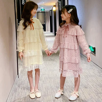 

B52228A 2020 Children clothing little girls fashion lace bow-knot spring dress, Pink/yellow