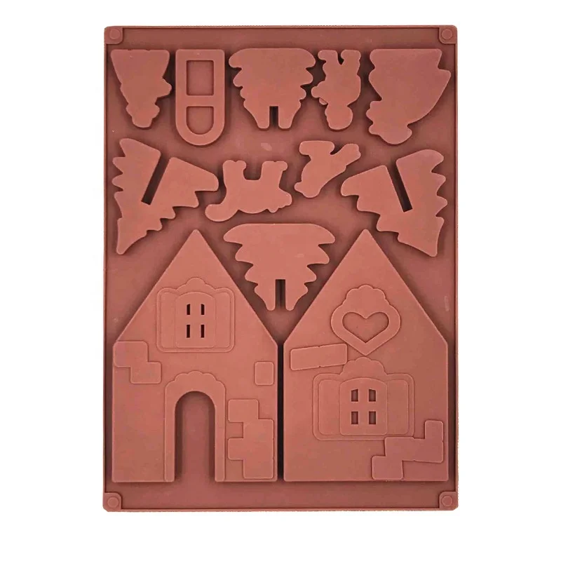 

High Quality Christmas House Shape Chocolate Silicone Resin Mold for DIY Gingerbread Biscuit Pastry Dessert Mould, Chocolate color