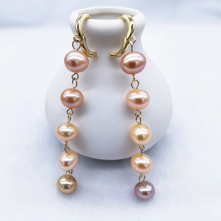 

E179 Factory Wholesale Women Korean Handmade Earrings mix colour real pearl Long Dangle Golden Earring Set With Pearls
