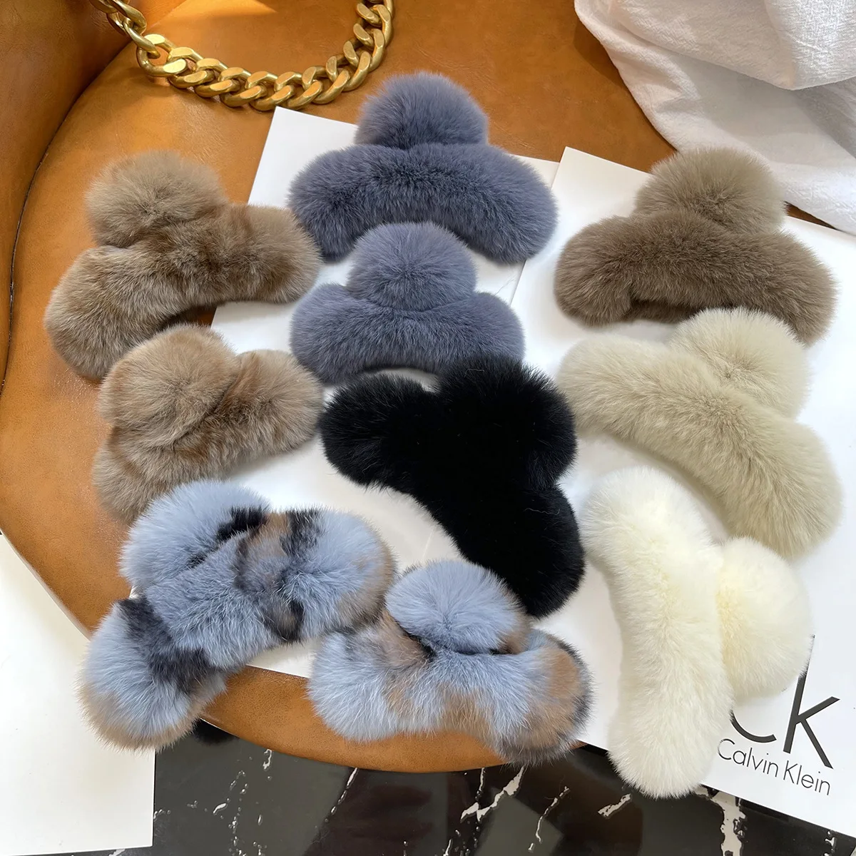 Winter fashion women lovely large rabbit fur plush hair clips claw soft fluffy shark clips girls cute plush headwear