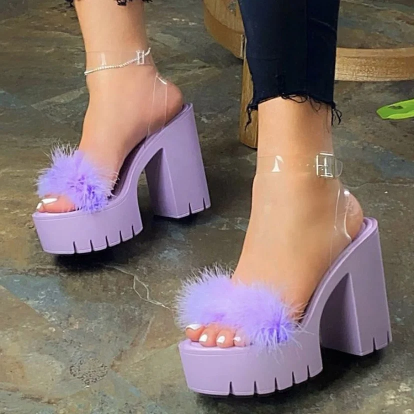 

Purple Fluffy Fur Women Platform Sandals Round Toe Chunky Heel Slingback PVC Ankle Buckle Summer Shoes For Ladies, Black,pink,purple,blue,brown
