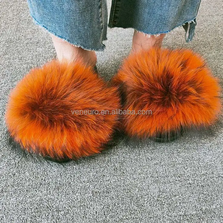 

Wholesale new PVC women designer sandals real raccoon fur slippers outdoor slider sandals furry slides, Customized color