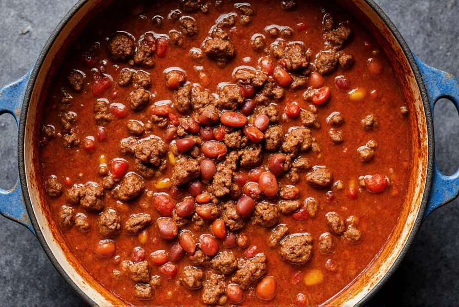 Flatlander chili recipe in cast iron pot with ground beef, kidney beans, and tomatoes simmering with spices