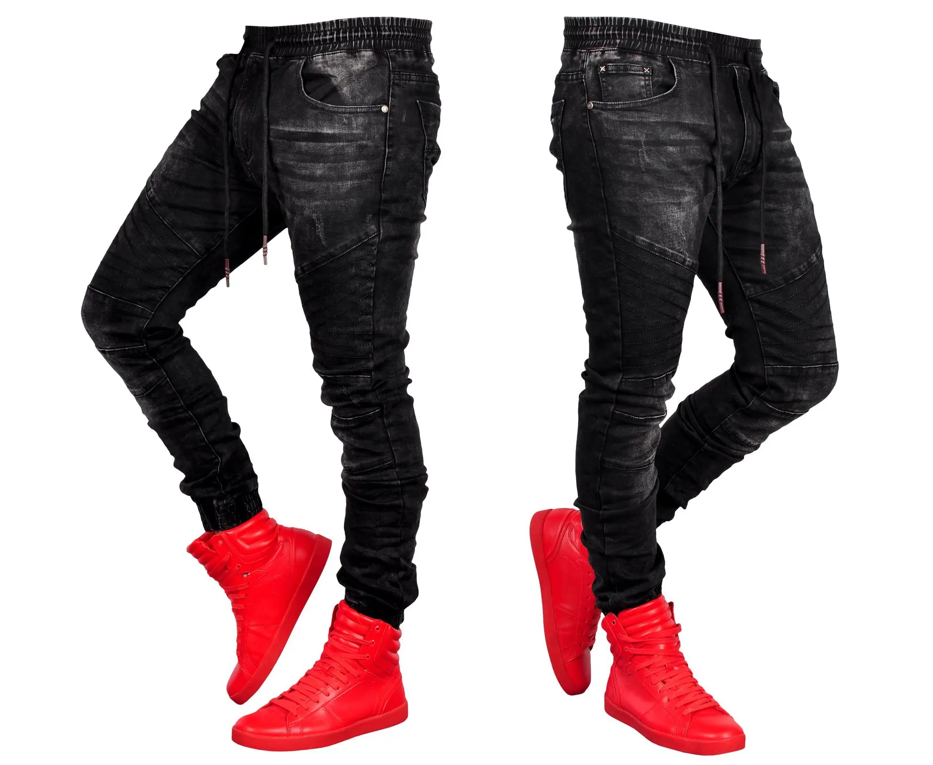 

Men casual belt trousers close-fitting wash jeans Men slim fashion high quality jeans vintage street style, Black