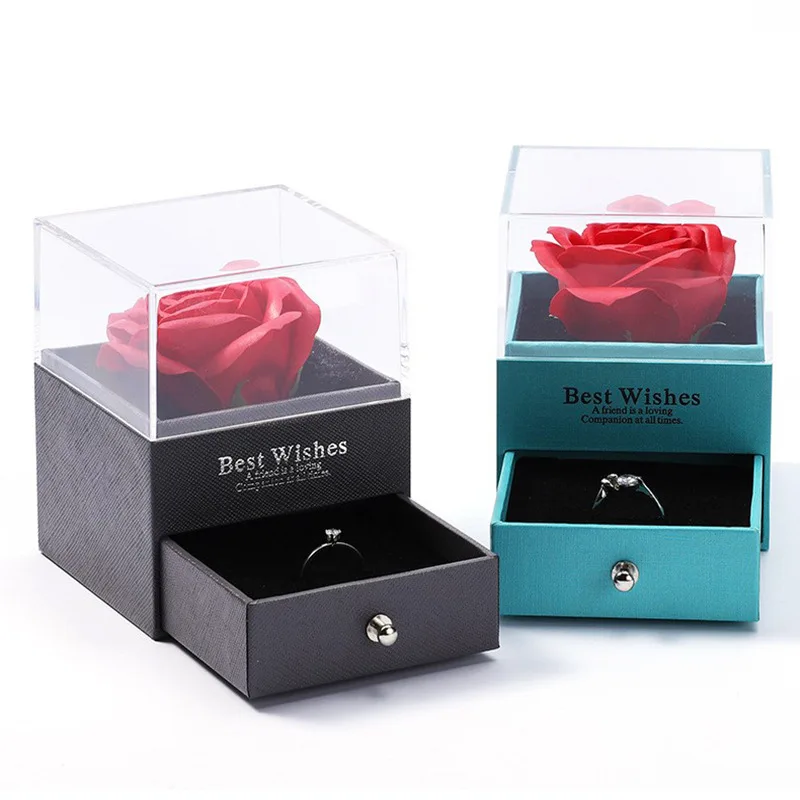 Wholesale soap flower rose flower drawer gift box transparent acrylic immortal flower ring necklace high-end jewelry box