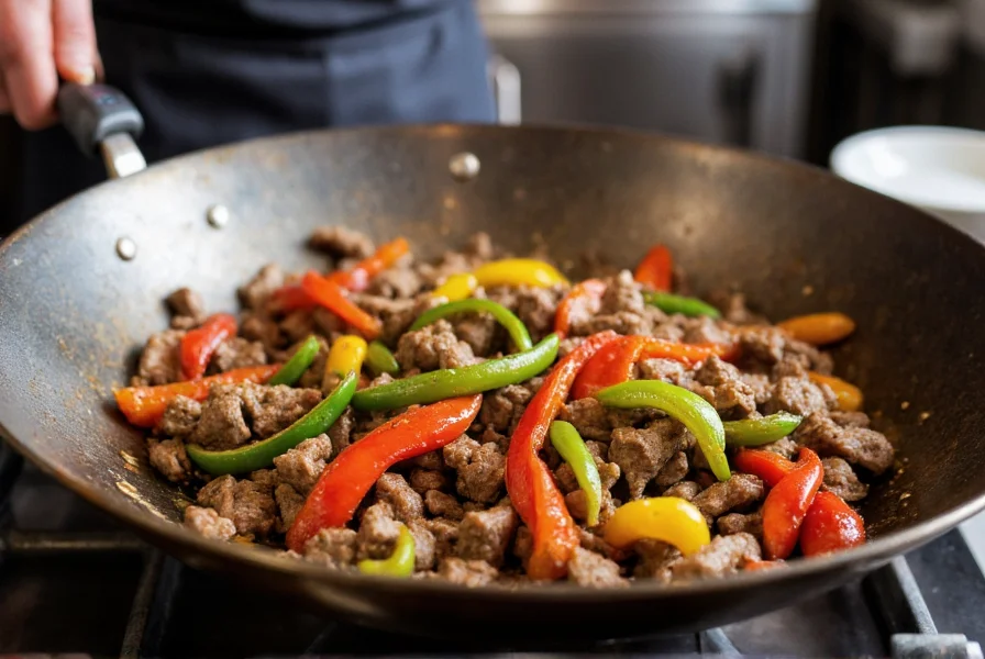 Professional chef stir-frying beef and peppers in a carbon steel wok with vibrant colors and perfect texture
