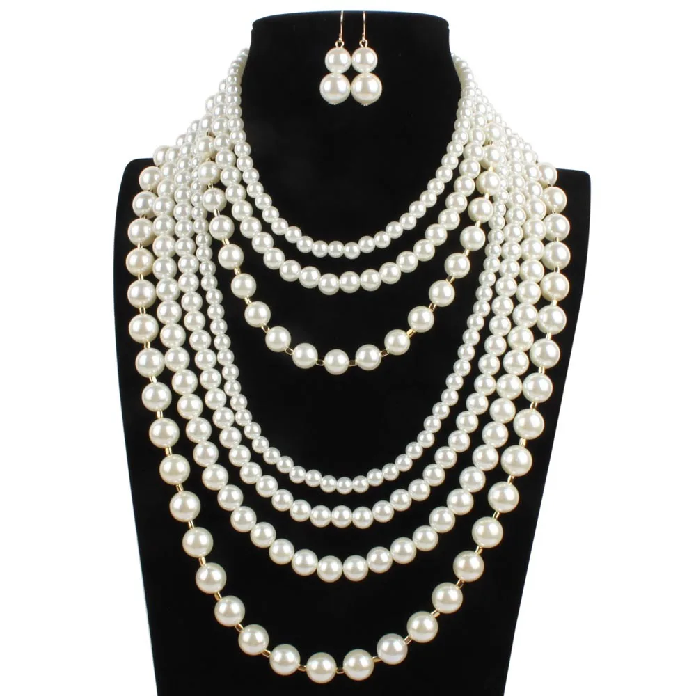 T6880 Wholesale pearls jewelry sets Women fashion jewelry set multi layer pearls Necklace and earrings set