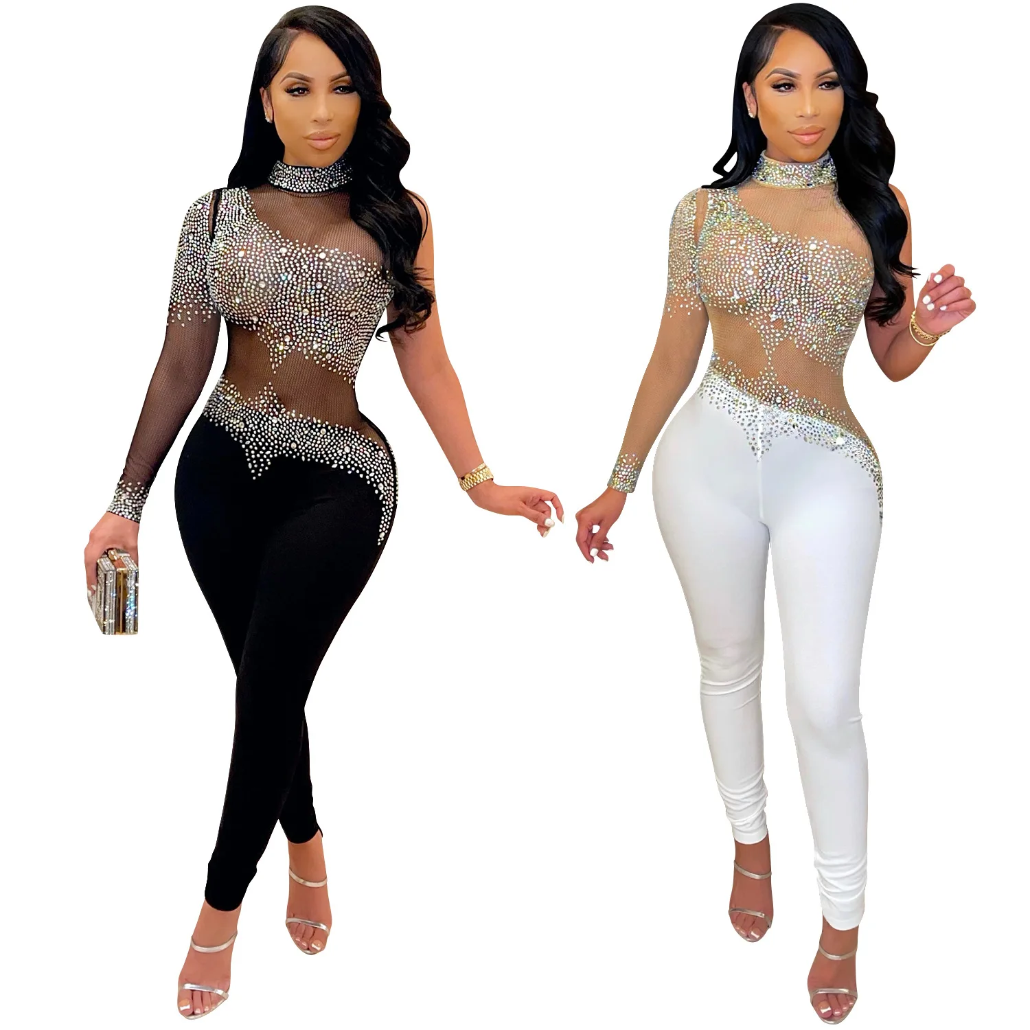 

New hot fashion nightclub women's clothing sheer mesh milk fiber stitching rhinestone oneshoulder jumpsuit