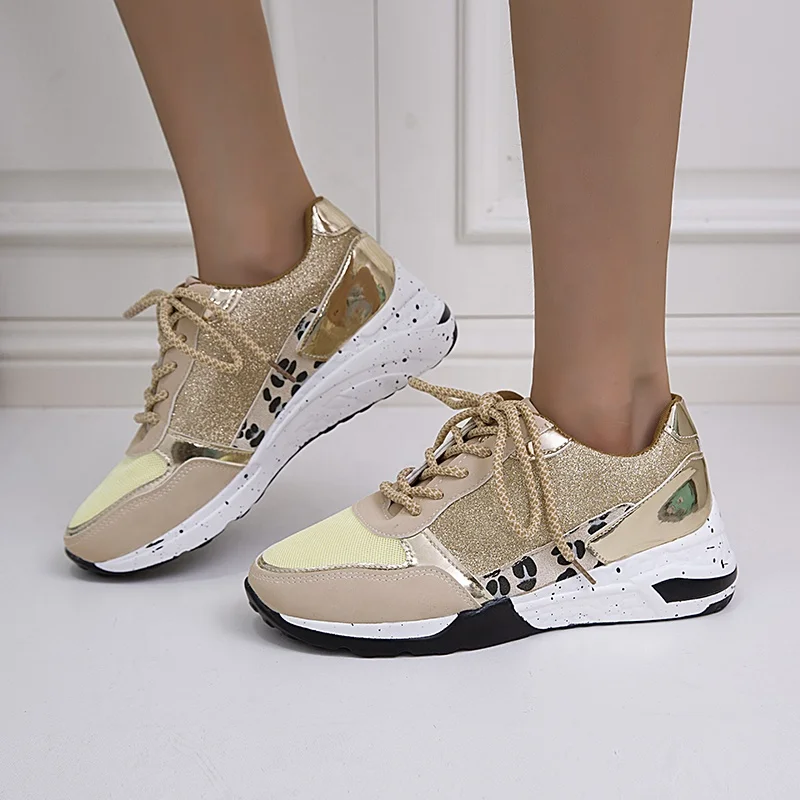 

Women Sneakers 2021 Leopard Print Lace-Up Women's Vulcanize Shoes Platform Sports Ladies Sneakers Breathable Plus Women Shoes, Beige,grey