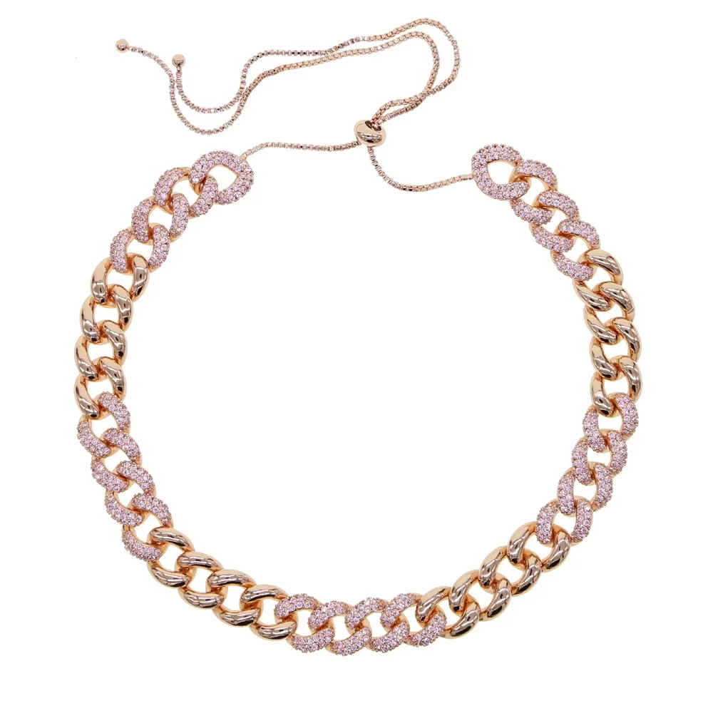 

High quality rose gold color women hip hop cuban chain necklace with cz paved adjustable size long necklace jewelry drop ship, Black