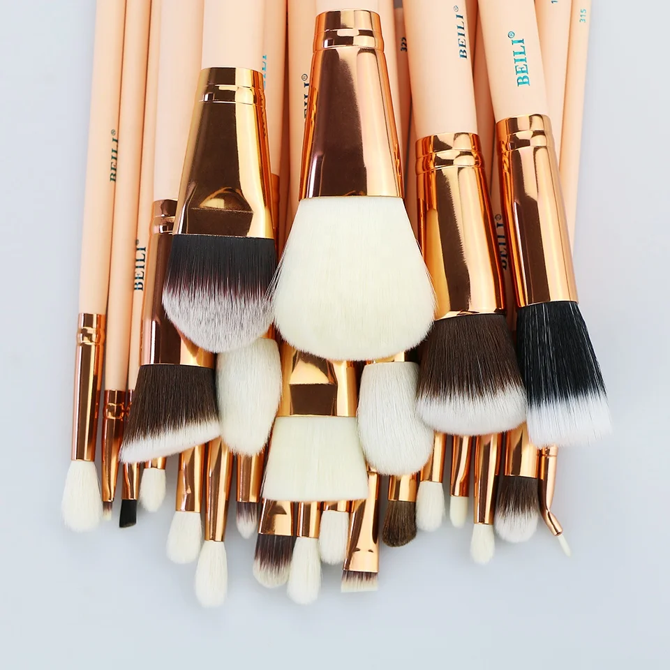 BEILI Pink 25 pieces Natural goat pony hair Matte wood handle box packing rose gold make up brushes