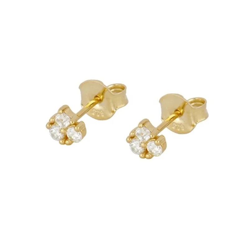 

925 Sterling Silver Jewelry Mini Three Zircon Stone Flower Stud Earrings For Women, Gold and silver