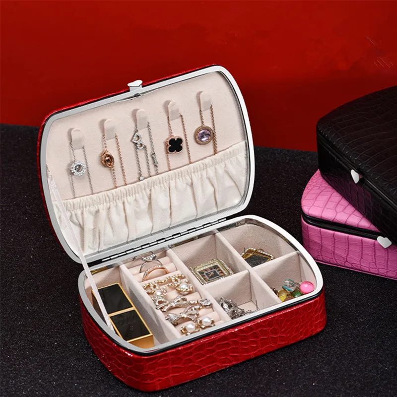 

PU Jewelry Organizer Display Travel Jewelry Case Boxes Portable Jewelry Box Button Leather Storage Box, Black,pink,red