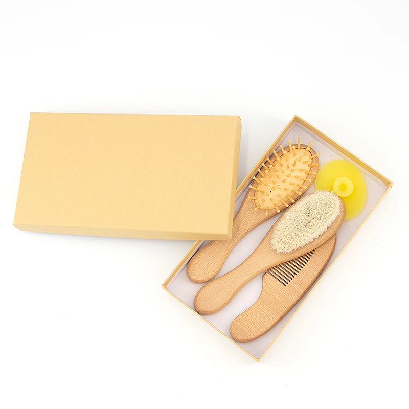 

3PCS Natural Beech Wood Mini Goat Bristle Hair Brushes and Comb with Gift Box Baby Hair Brush Comb Set