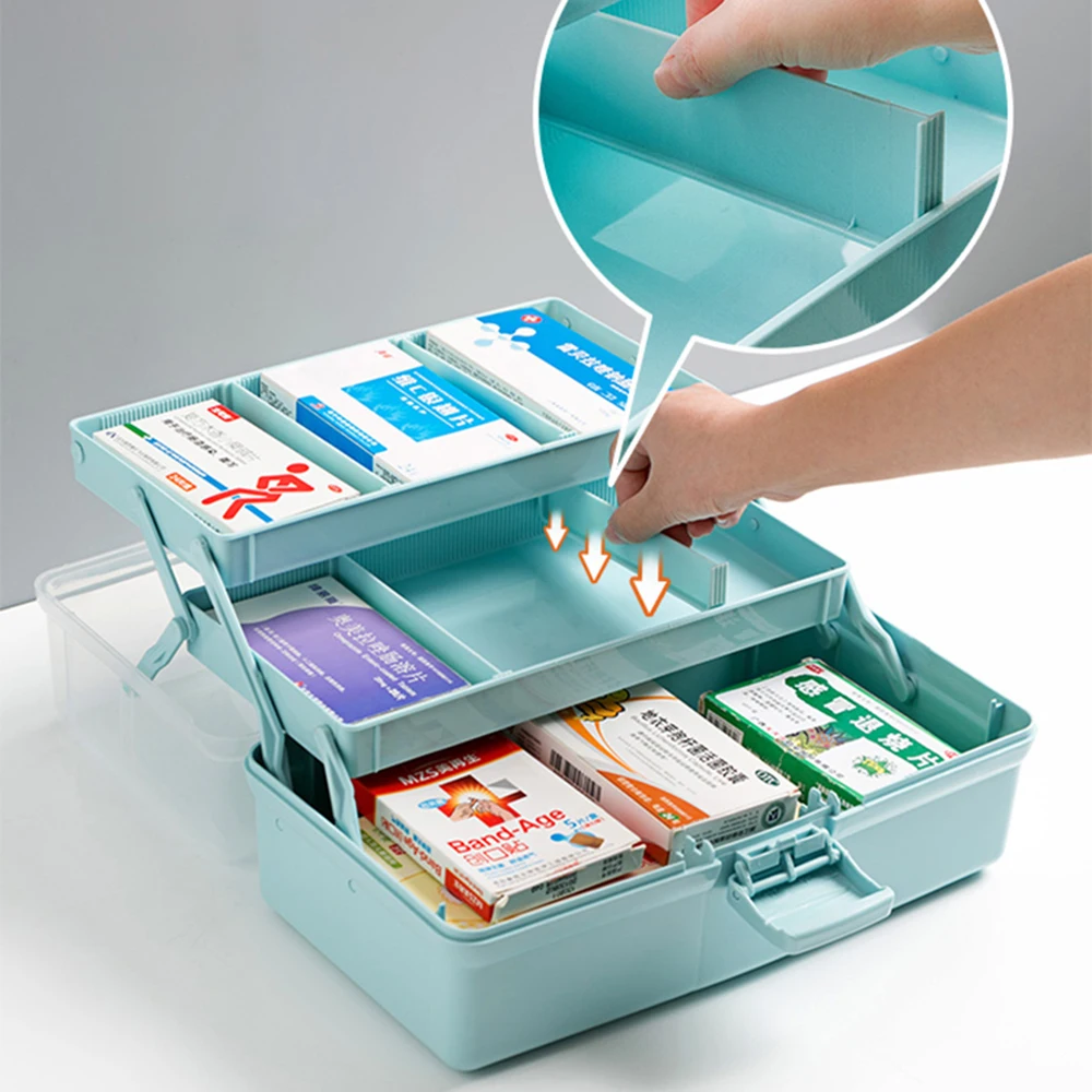 

Multi-function Tools Organizer Box Transparent Cover 3 Layer Portable First Aid Kit Storage Box Emergency Medical Kit, Blue, white