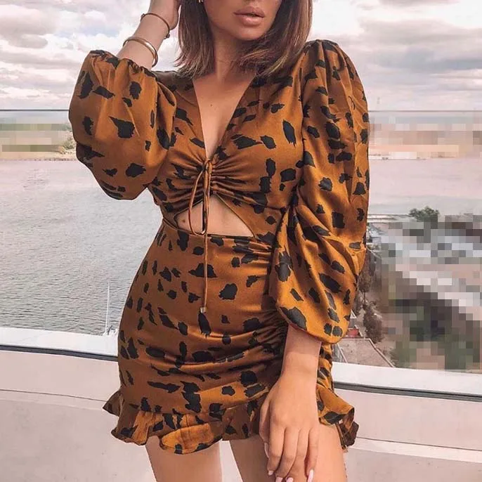 

FS0701D sexy v neck women leopard dress