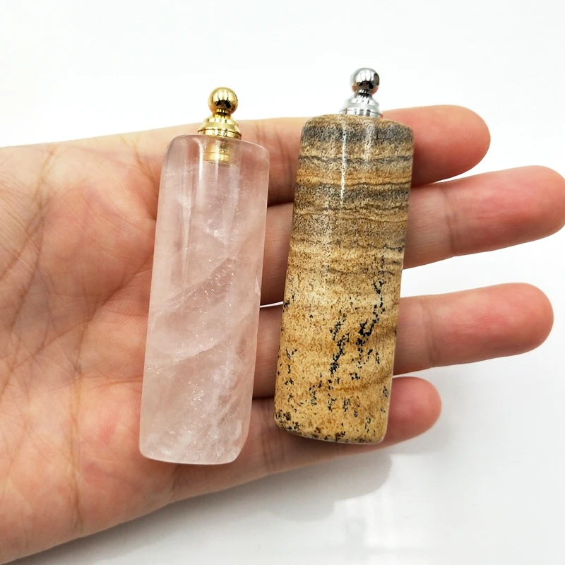 

Pretty Silver Plated Natural Gemstone Perfume Bottle pendant Handmade polished picture jasper Rose Quartz Jewelry, Multi