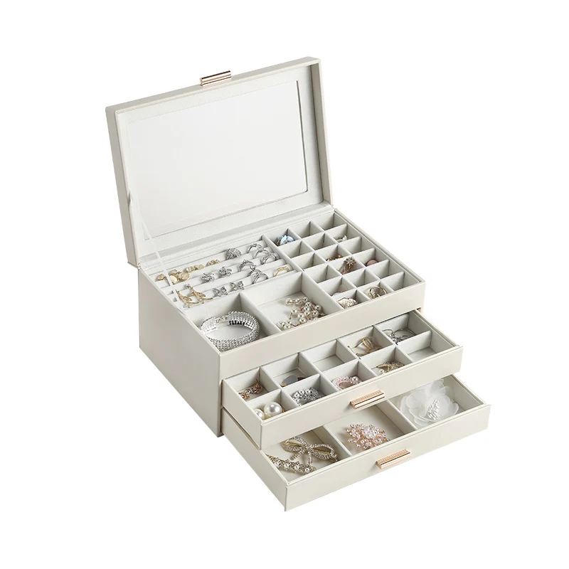 

Wholesale Luxury New Large 3 Layer PU Leather Jewelry Box with Glass Lid Jewellery Ring Necklace Organizer Wedding Gift Box Case, White,black