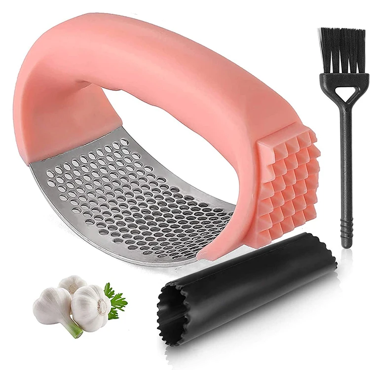 

Amazon Best Seller Better Quality Pink 2 in 1 Stainless Steel Garlic Peeler Press Set with Cleaning Brush