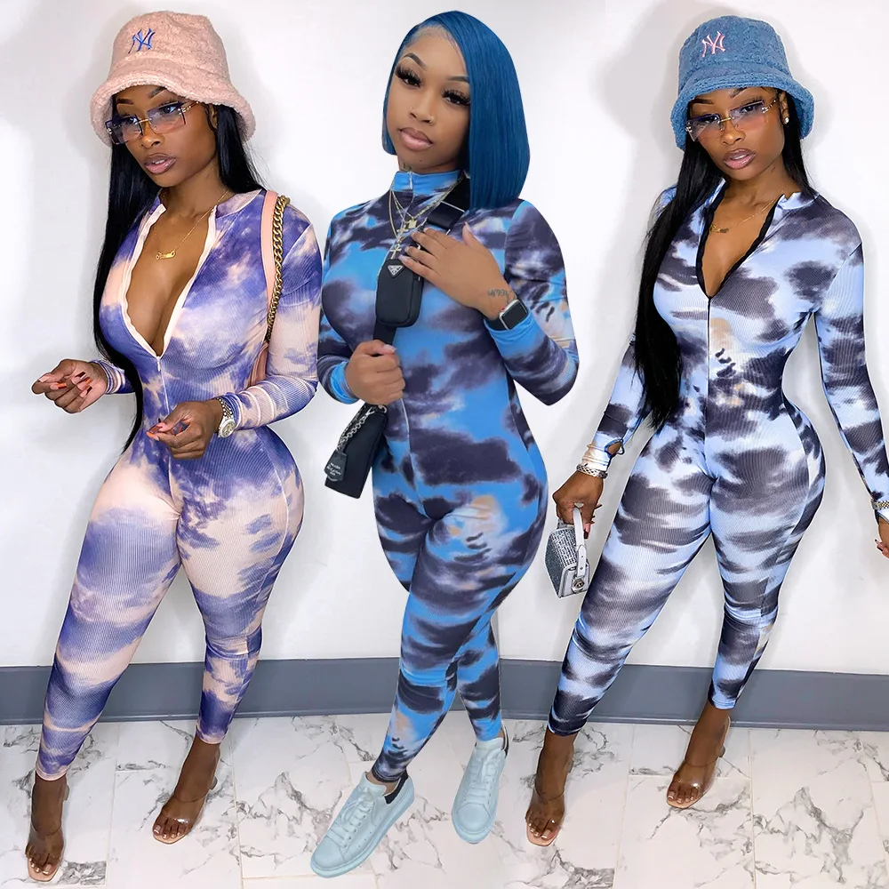 

Ready to Ship best selling monsoon blue tie dye workout long sleeve bodycon jumpsuit 2021 autumn women clothing
