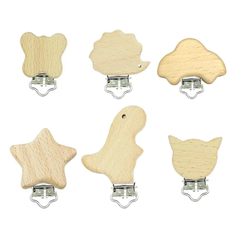 

6pcs Pacifier Clip Cartoon Wooden Unique ursing Accessories Teether Molars Nipple Holder Pacifier Clip Nipple Clip, Picture