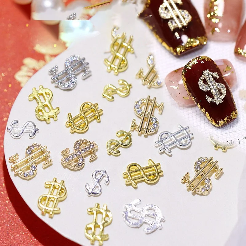 

Paso Sico Hot Selling 11 Designs Zircon Golden Silver Dollar Sign 3D Nail Art Charms for DIY Nail Art Manicure Supplier