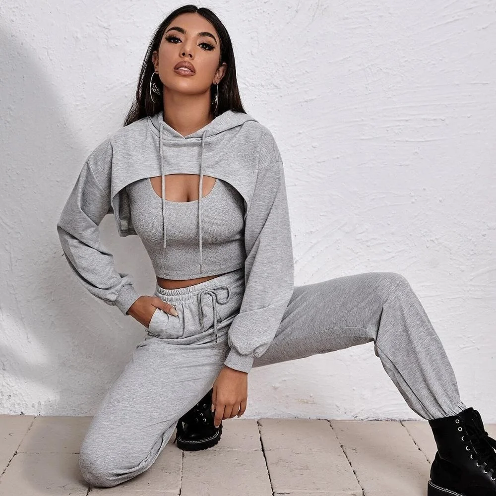 

Hot sweatwear soft hollow out casual crop top sweatshirt jogger with pockets set solid color sweatshirt hoodie women sportwear, Gray and black