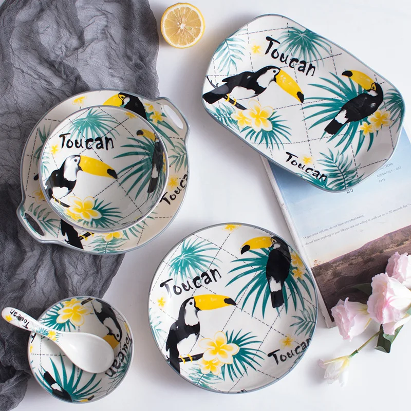 

Creative amorous bird household bowls and dishes set with colored pottery bowls and spoons under glaze