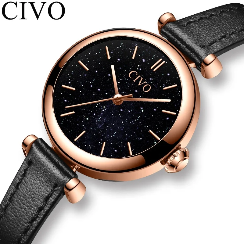 

CIVO 2020 Spring New Product Star Dial 3ATM Waterproof Black Wristwatch Genuine Leather Band Relojes De Mujer Marca