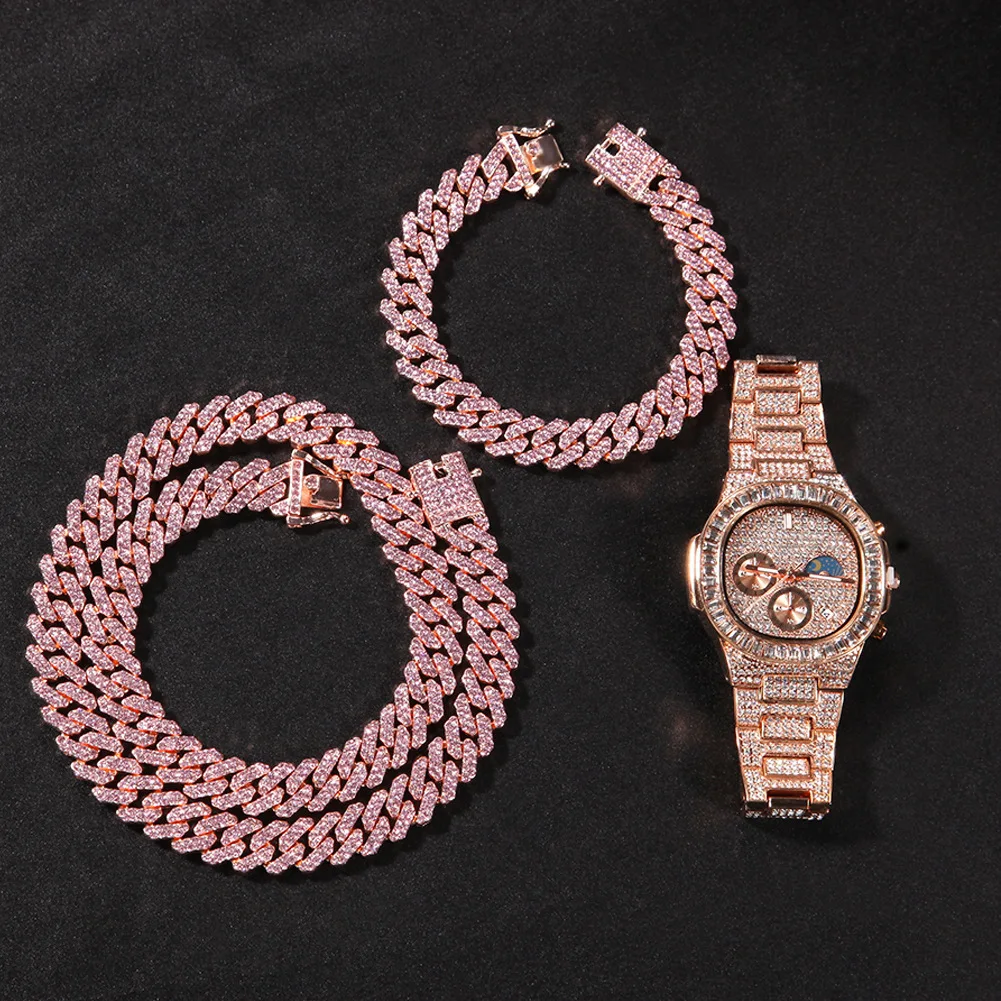 

2021 New Hip Hop Jewelry Zinc Alloy Necklace Ice Out CZ Crystal Necklaces 12mm Pink Stone Miami Cuban Chain Bracelet Watch Set