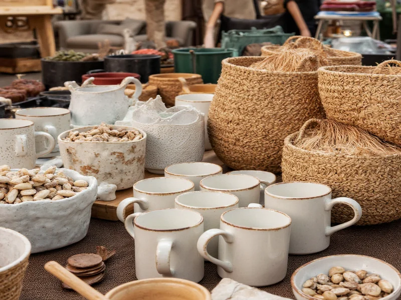 Handmade ceramic mugs and woven baskets at Renegade Craft Fair booth