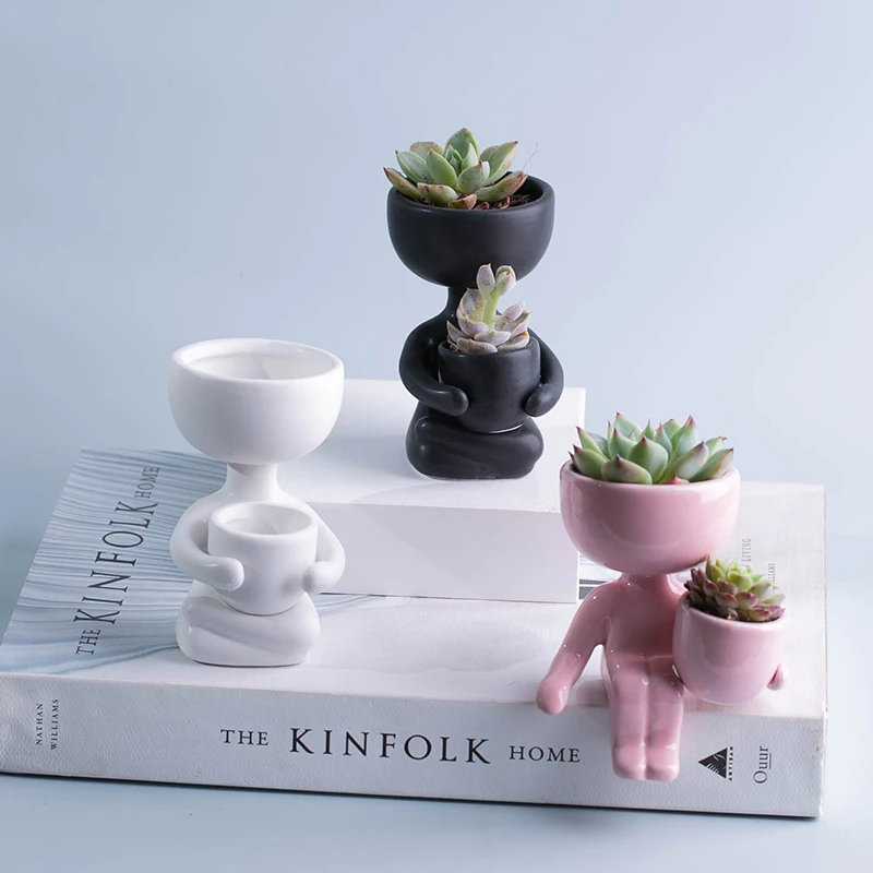 

Creative Luxury Cute Small Mini Ceramic Succulent Flower Planter Pot Human Shape For Indoor Shape, Black, white, pink