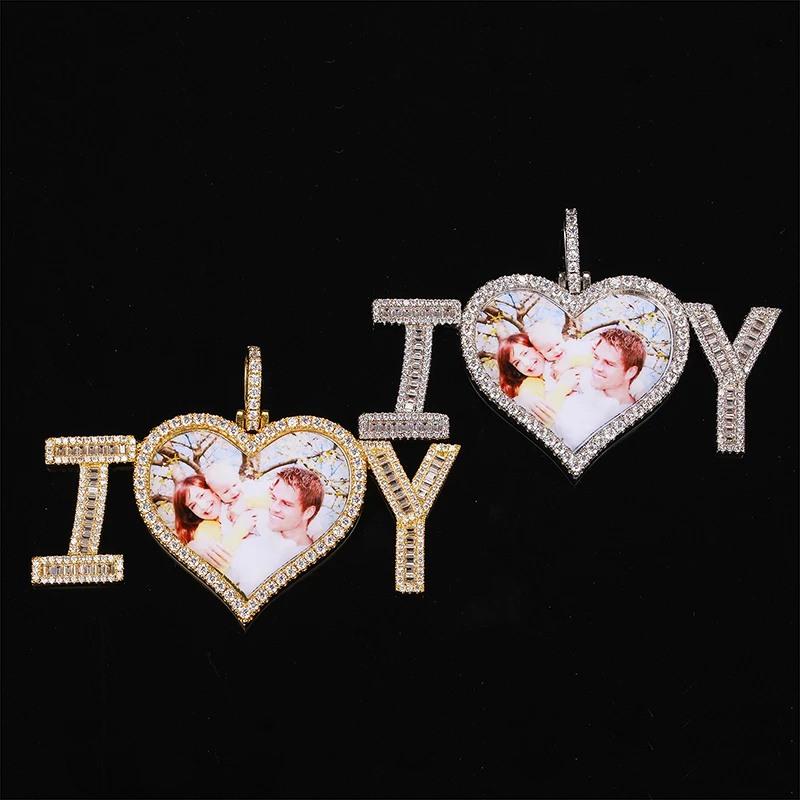 

Hip Hop Jewelry Iced Out CZ Cubic Zirconia Customize Letter IOY Photo Pendant Heart Custom Letters SON Picture Pendant Necklace