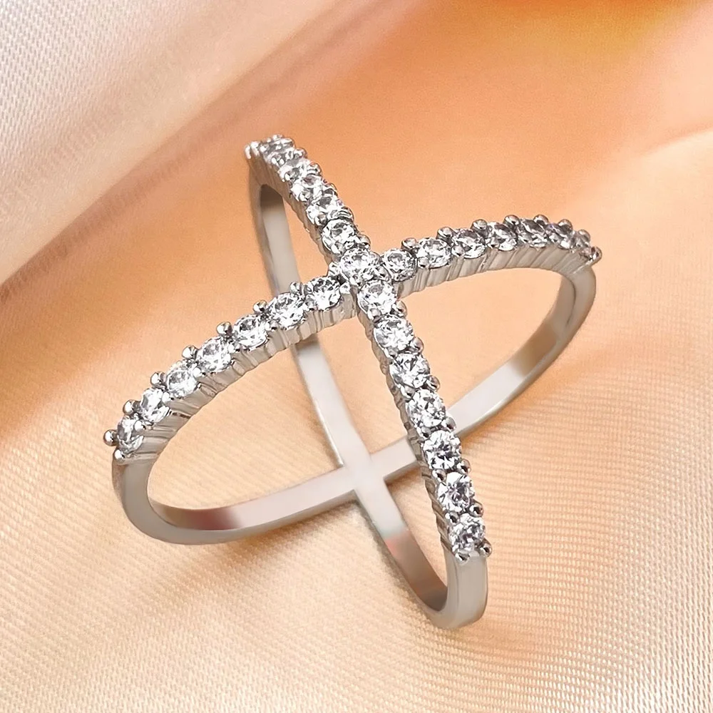 

Luxury 18K Real Gold Plated X Cross Shape Rings Bling Cubic Zirconia Ring For Women