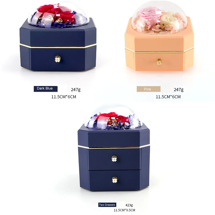 

Luxury Newest Preserved Fresh Rose Flower Jewellery Packing Ring Pendant Jewelry Set Organizer Packaging Box with Drawer