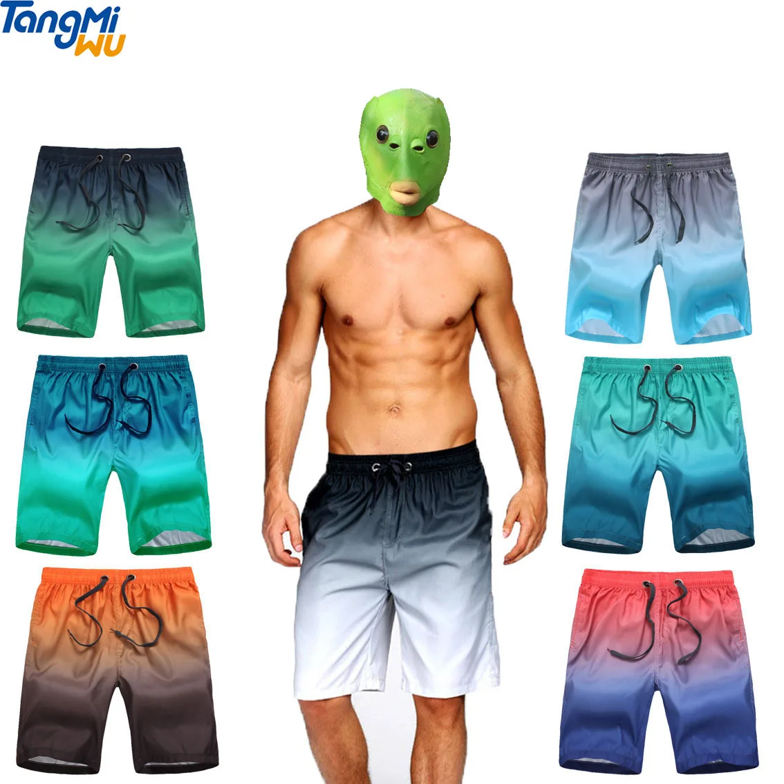 

2021 wholesale custom 110g gradient changing color 100% polyester plus size board surf swimming shorts men