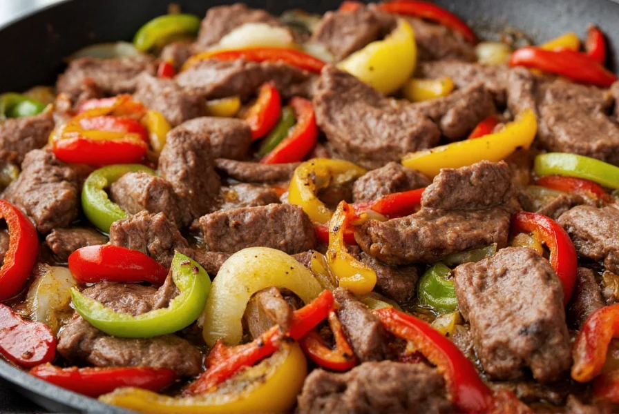 Close-up of sizzling pepper steak with onions and peppers in a wok, showing tender beef slices and vibrant colorful peppers