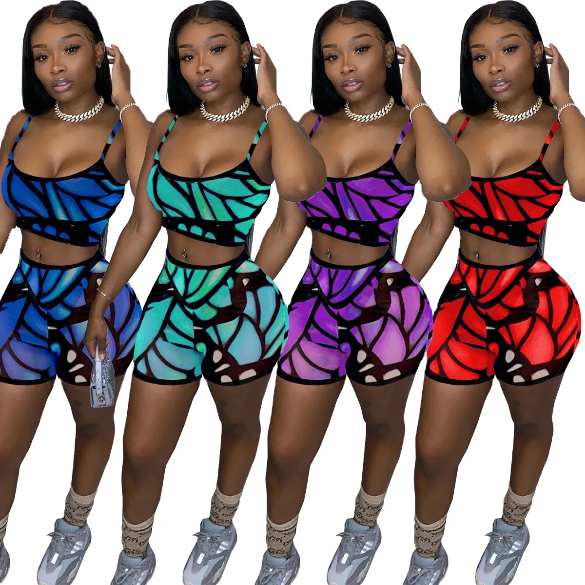 

2021 summer women 2 piece pant set butterfly print two piece short set crop top and shorts