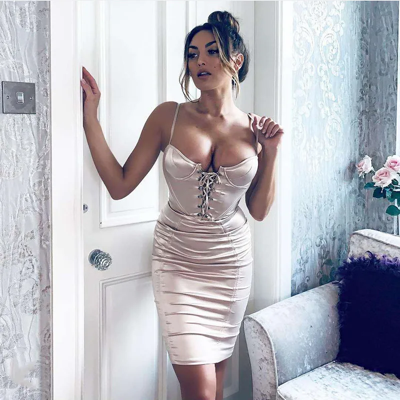 

champagne color satin bodycon wrap button girl fashion elegant party club stylish sexy dresses women