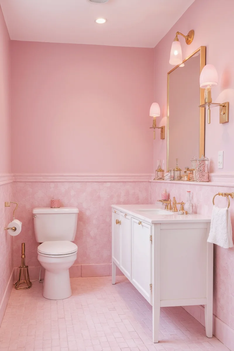 Soft pink bathroom with white fixtures
