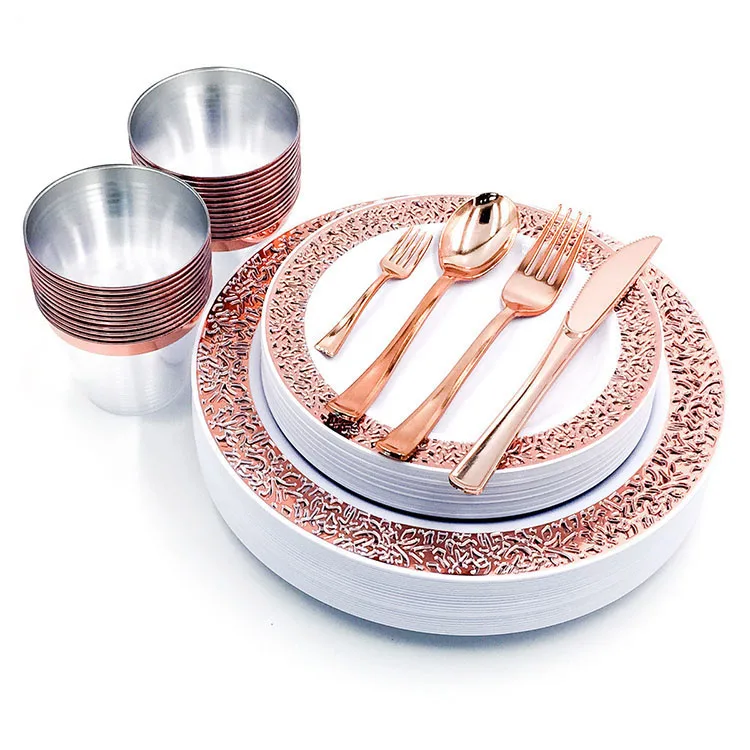 

Partycool Wedding Decoration Supplies Luxury Rose Gold Dinner Dinnerware Rack Disposable Plastic Plates Set, Rose gold,silver,gold