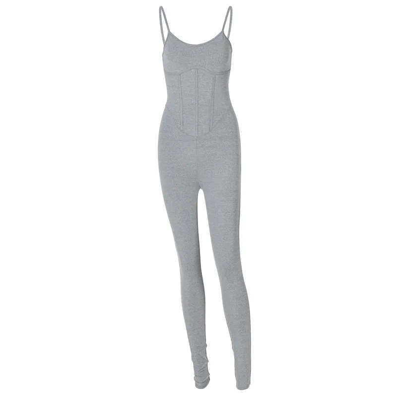 

2021 New Summer European and American Women's Fashion Street Shooting Deep V Skinny Suspenders Jumpsuit, Gray