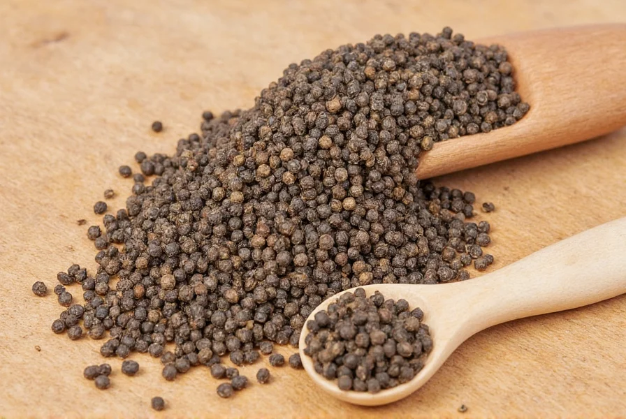 Different types of black pepper on a wooden table