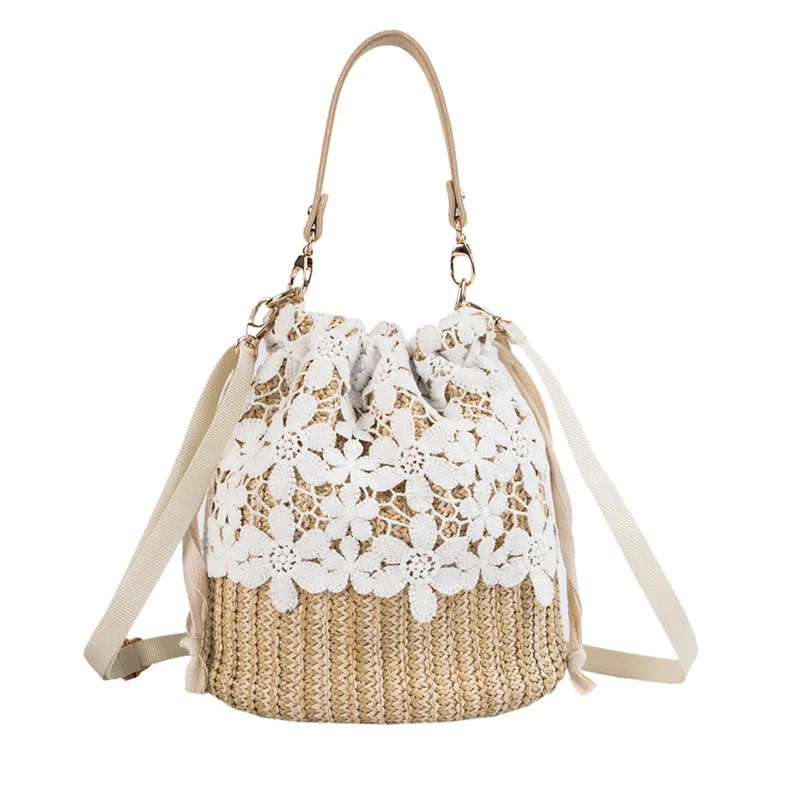 

2021 New bucket bag aquatic plants Women's Hand bag Flower Straw Woman Handbag