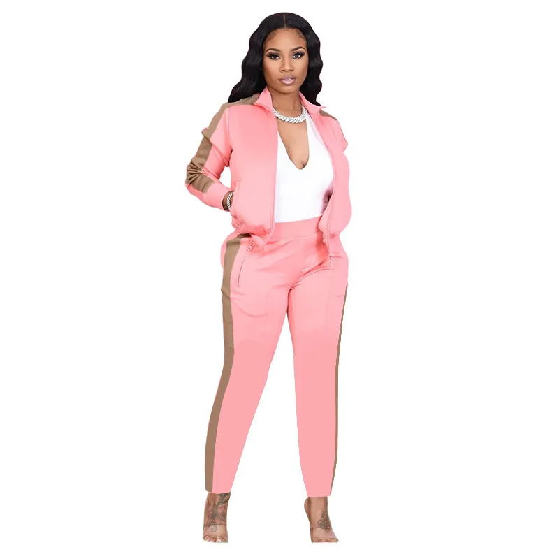 

2021 new fashion two-color stitching zipper fitness running leisure sports women's two-piece suit, Pink red yellow green