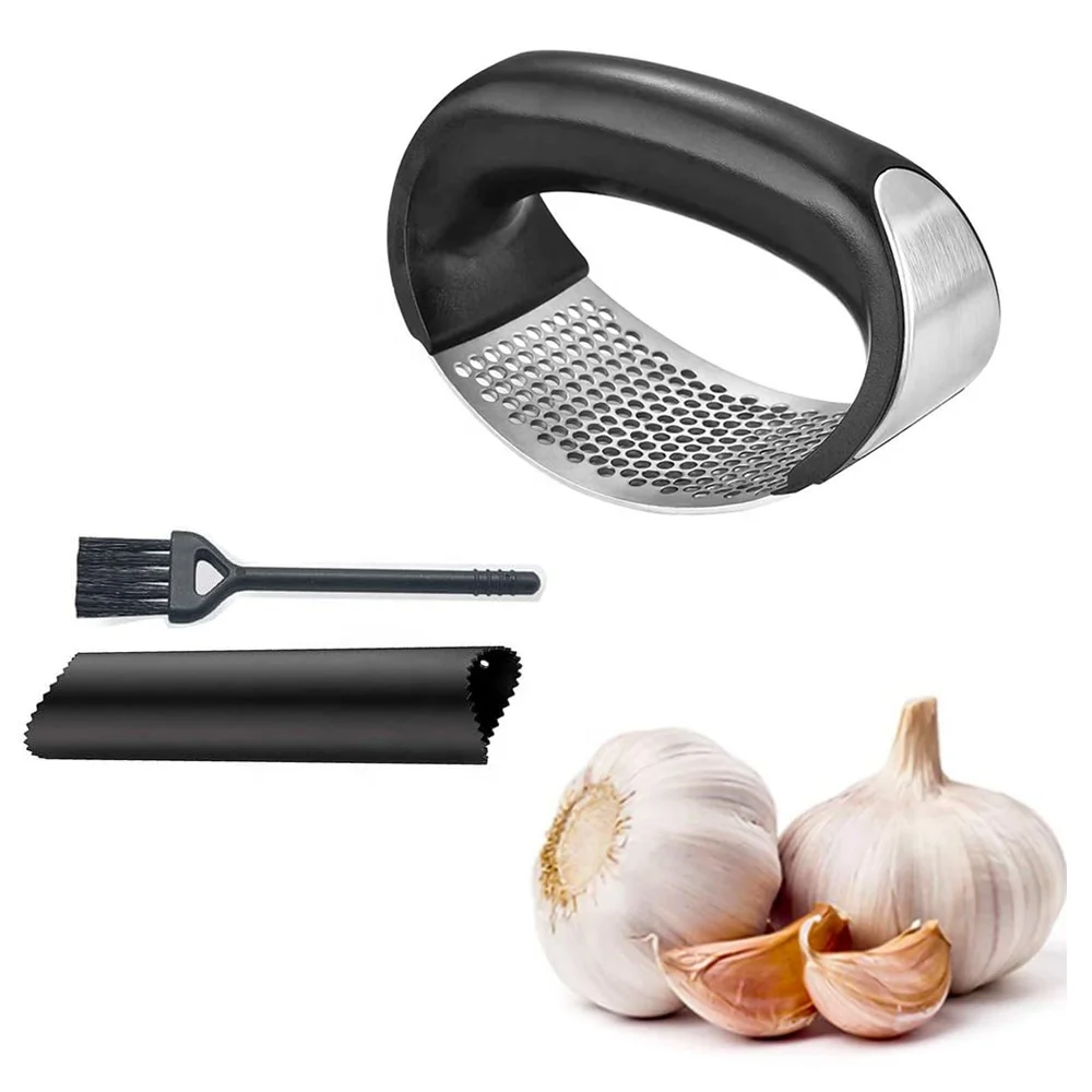 

Amazon Kitchen Accessories Hot selling a Set of Three-piece Stainless Steel Garlic Press with peeler and brush, Sliver