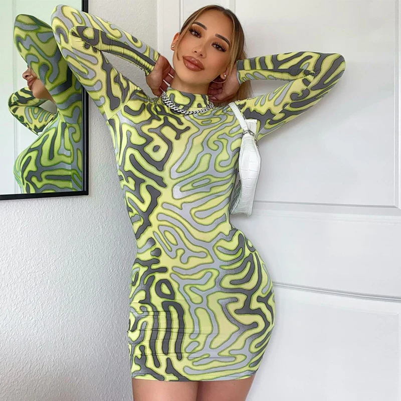 

Lygens 2021 Autumn Winter Mini Dress Print See Through Stand Collar Long Sleeve Bodycon Fashion Wholesale Women Trendy Clothes